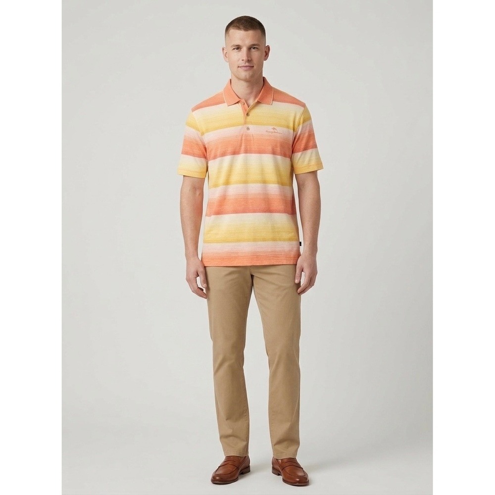 Tommy Bahama 18 Golf Mens Medium Orange Yellow Striped Polo Shirt RN 86549